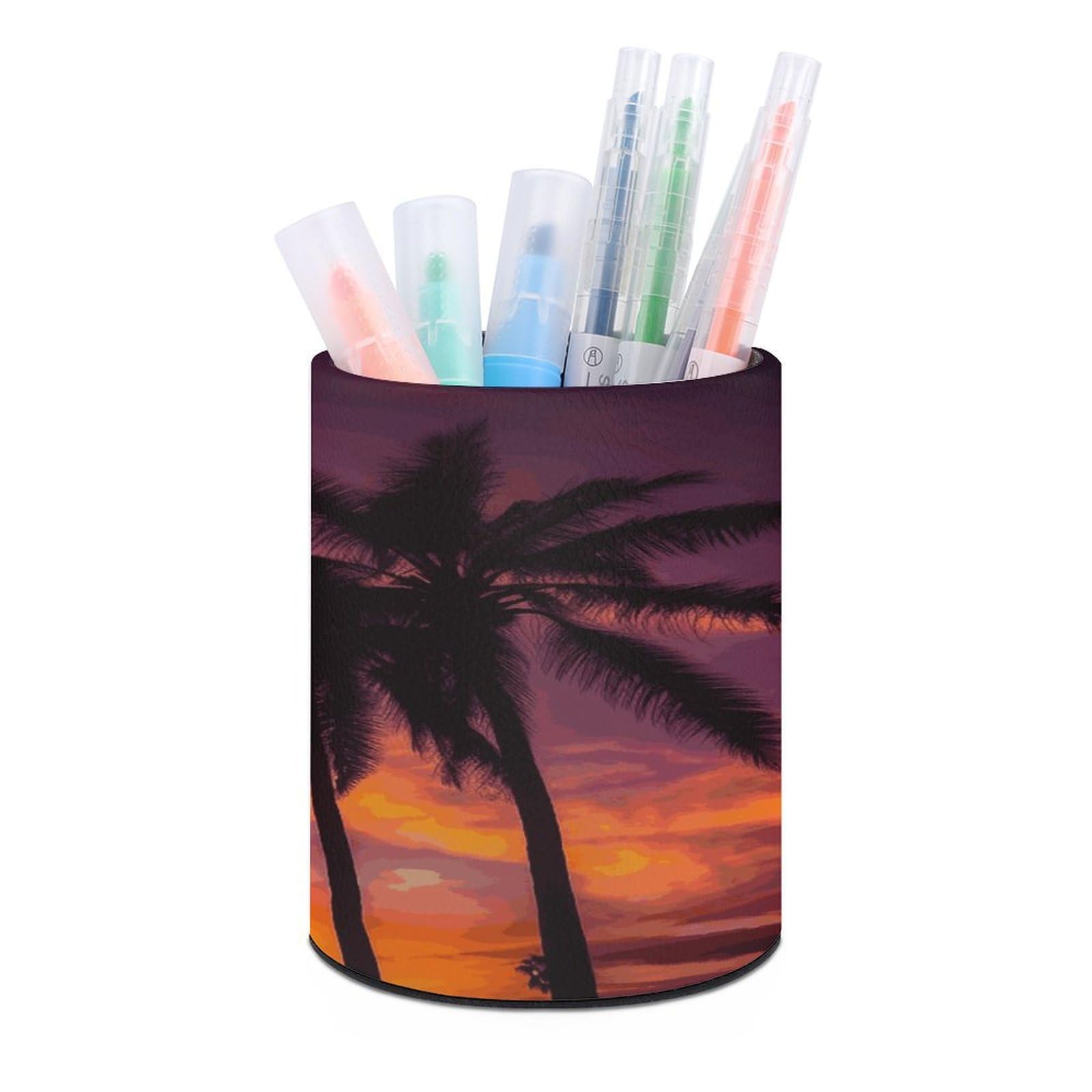 MUSM Palm Tree Sunset Pen Holder Large Capacity Pen Holder Modern PU Pencil Holders Durable Waterproof Pens Cup for Home Office Desktop Organizer