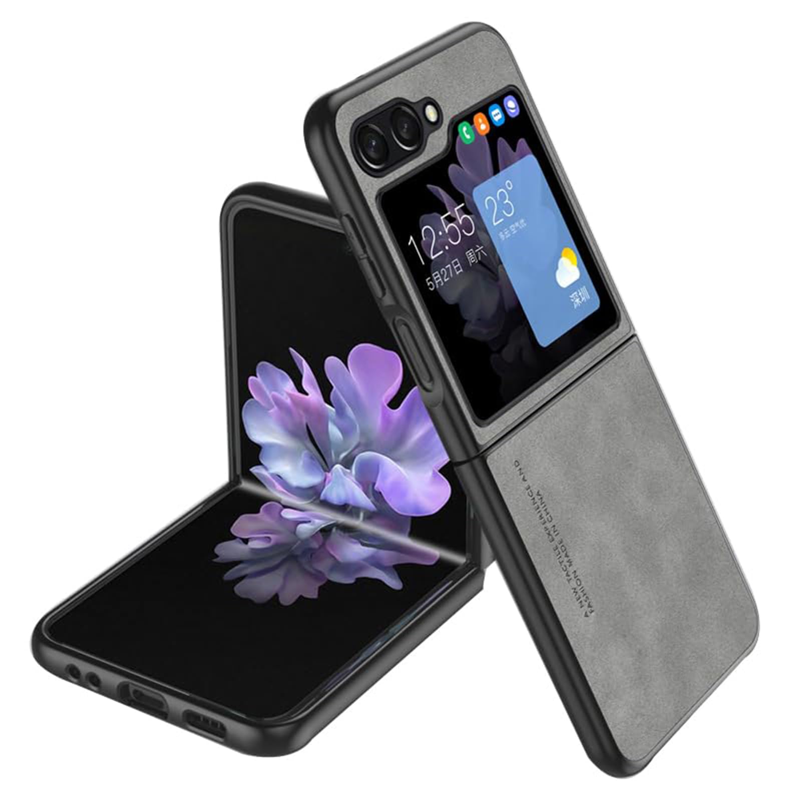 Coque pour Samsung Galaxy Z Flip 6, Ultra-Mince Mat Cuir d'affaires Couverture Bord Souple Protection Anti-Chute Coque,Gris