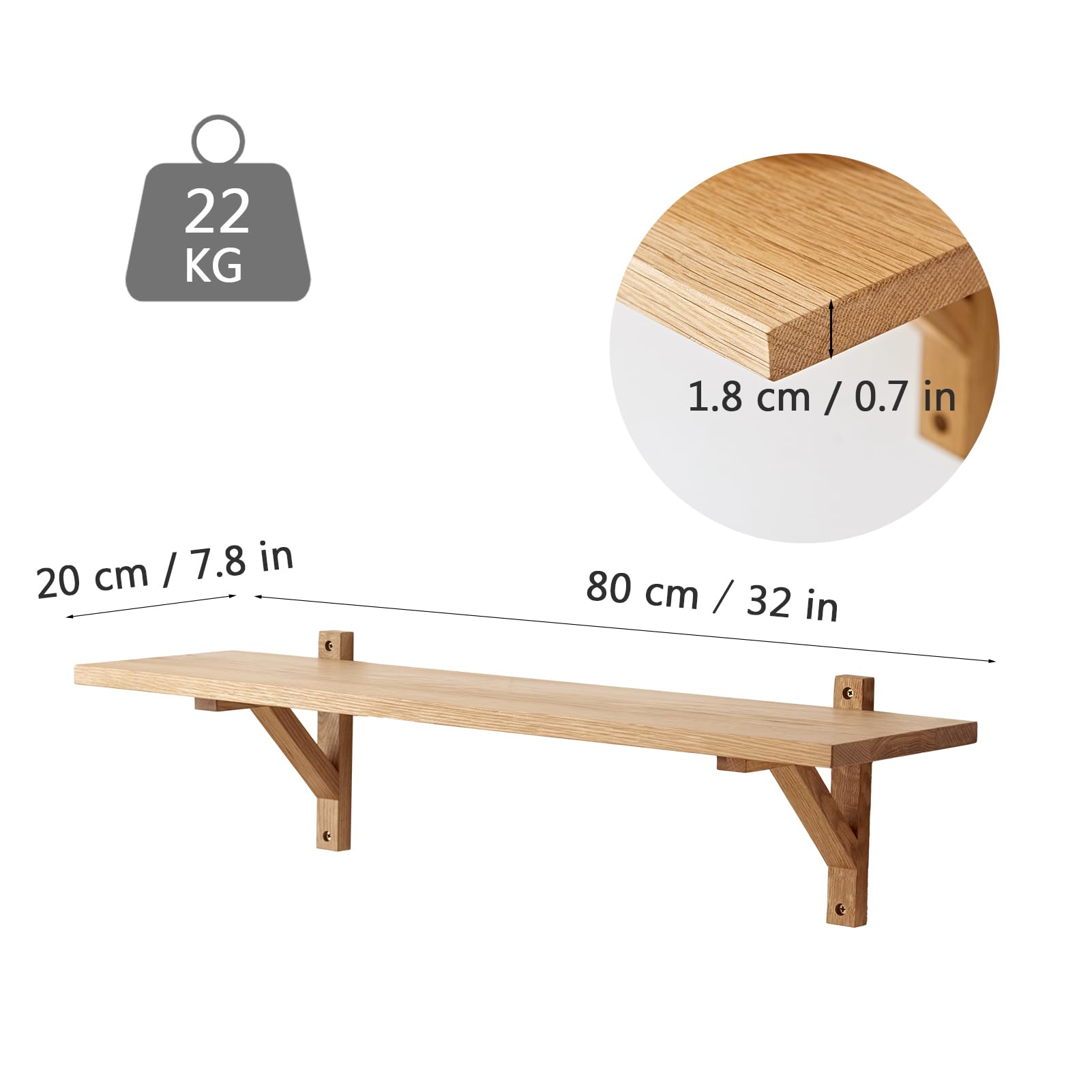Mensola Galleggiante In Legno Di Quercia Massello - Scaffale Da Parete 60 Cm, Per Soggiorno, Camera, Cucina