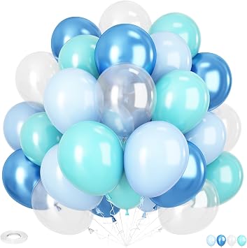 Ocean Under The Sea Balloon, 12 Inch Teal Blue Balloons Turquoise Blue and Transparent Balloons Metallic Baby Blue Balloon for Ocean Shark Sea Mermaid Themed Birthday Party Decoration