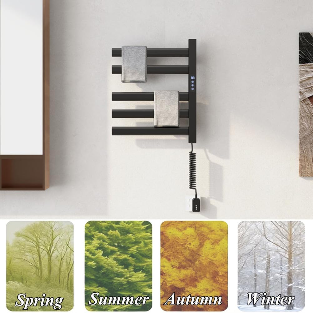 Wall Mounted Electric Towel Warmer Rack, 5-Bar Heated Towel Rack with Timer & LED Display, Fast Heating 115-155℉, 150W, Black - Ideal for Bathrooms