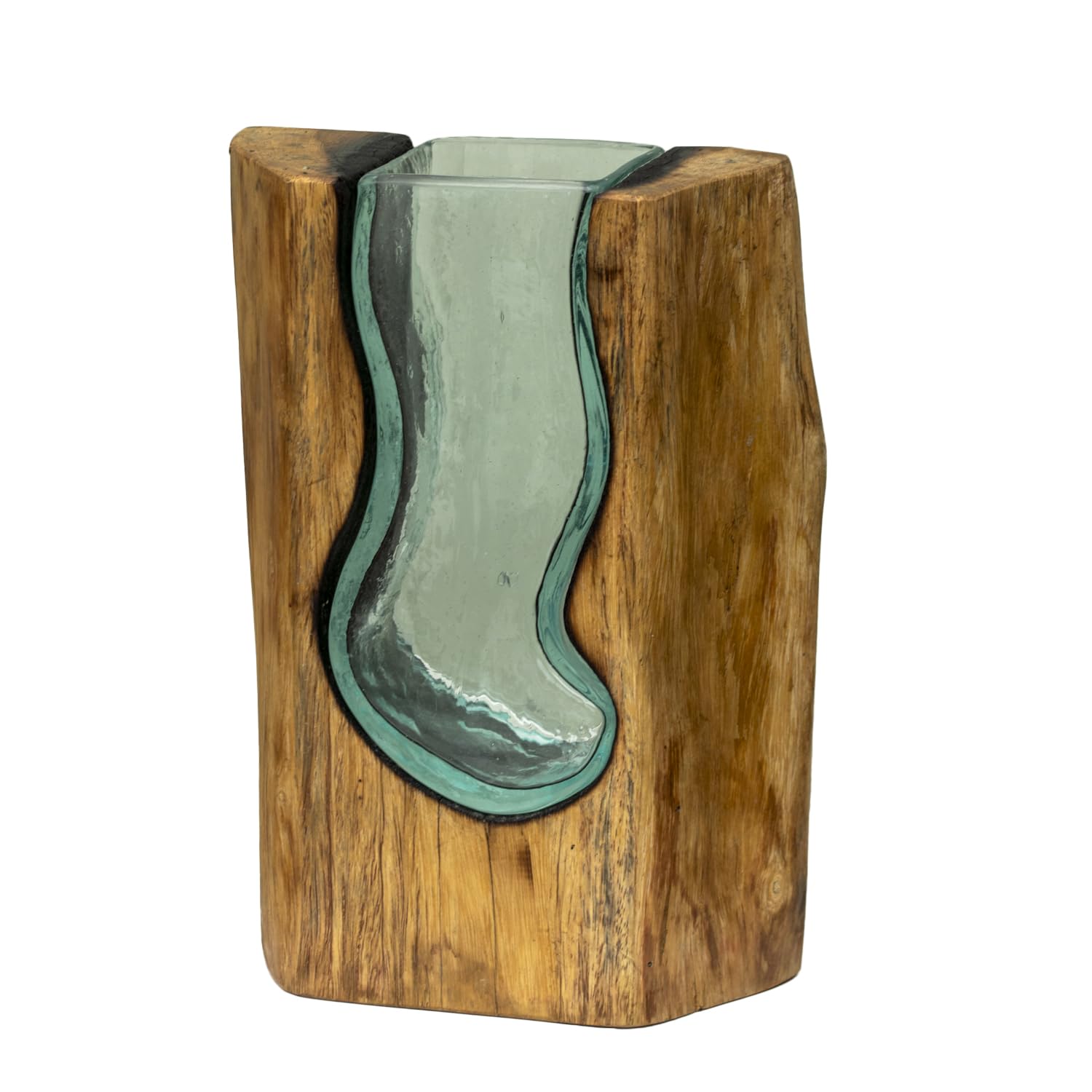 Teak Root and Recycled Glass Vase, Molten Lava S-Shaped Design, Blue and Brown, 18x30x8cm, Handmade Rustic Wood Table Centrepiece