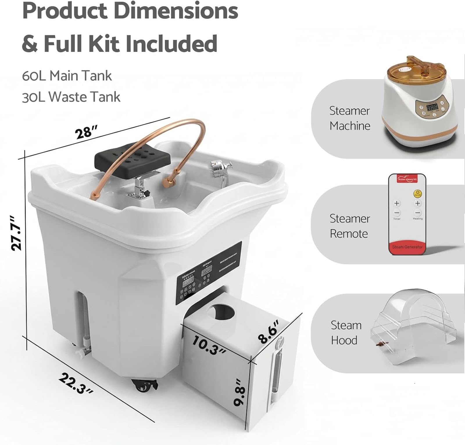Generisch a-Ausrüstung mit Wasserfall-Spülung, Dampf & Vernebelung | Wasserzirkulations-Shampoobecken 60 L+Aufgerüsteter 20 L Abwassertank | Head Spa Waschbecken (White)