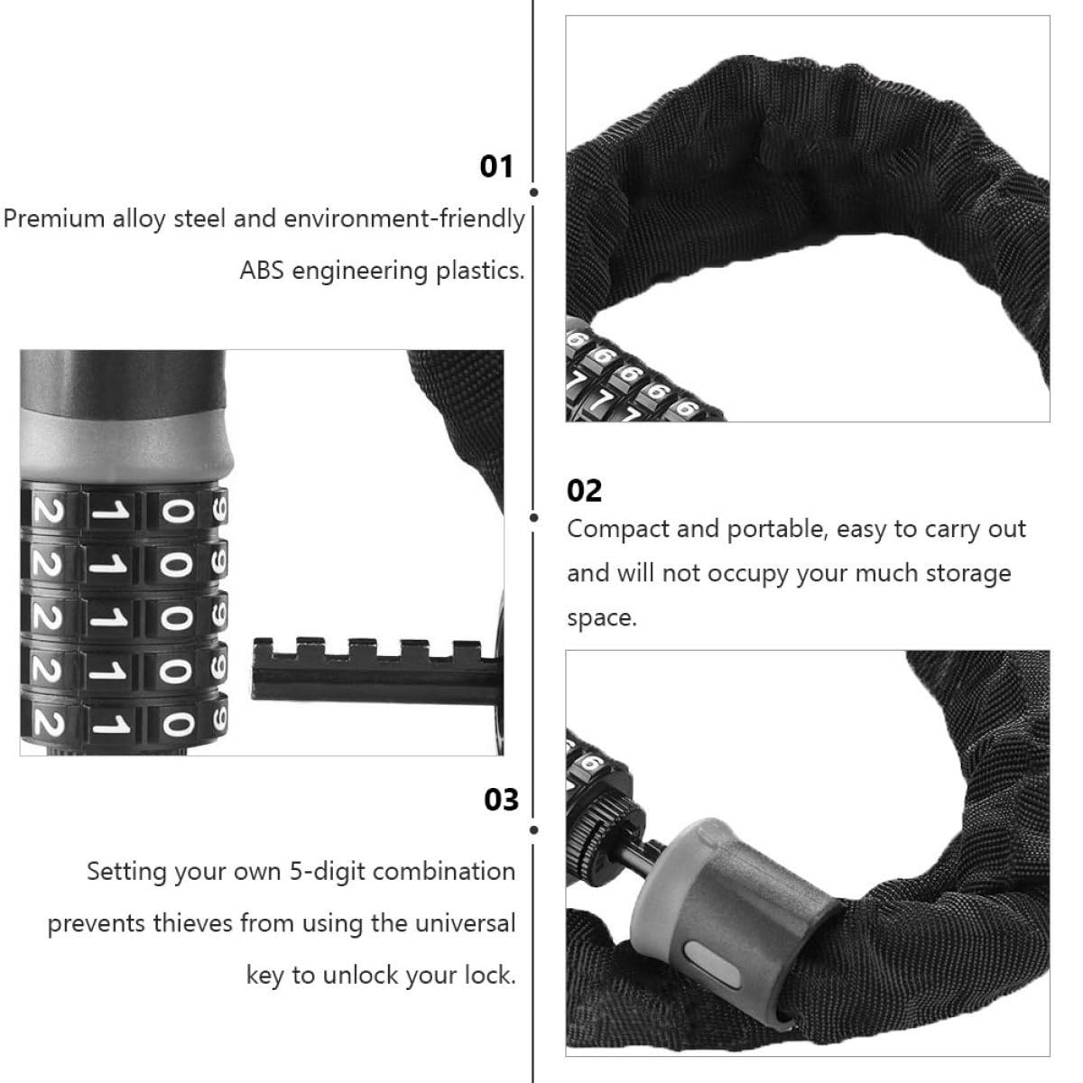 Antivol de Sécurité pour Vélo à Code 5 Chiffres, Chaîne | Acier Allié et Abs, Protection Anti-vol, Revêtement Protecteur, Couleur Noire, Usage Cyclisme Couleur Aléatoire