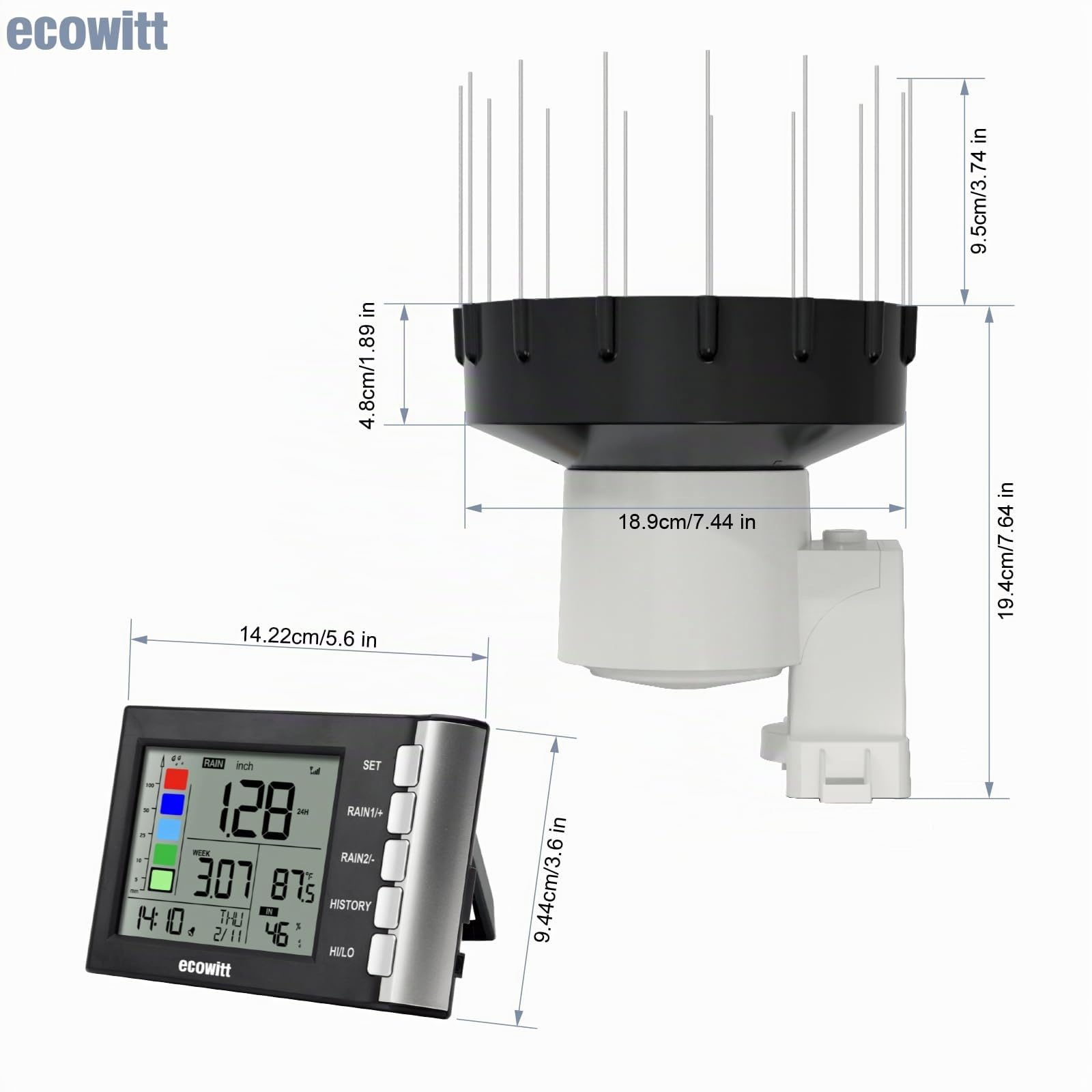 ECOWITT WH5370H - Pluviometro digitale senza fili (con termometro), serbatoio autosvuotante con design migliorato da 3,5 cm per il monitoraggio della pioggia in tempo reale
