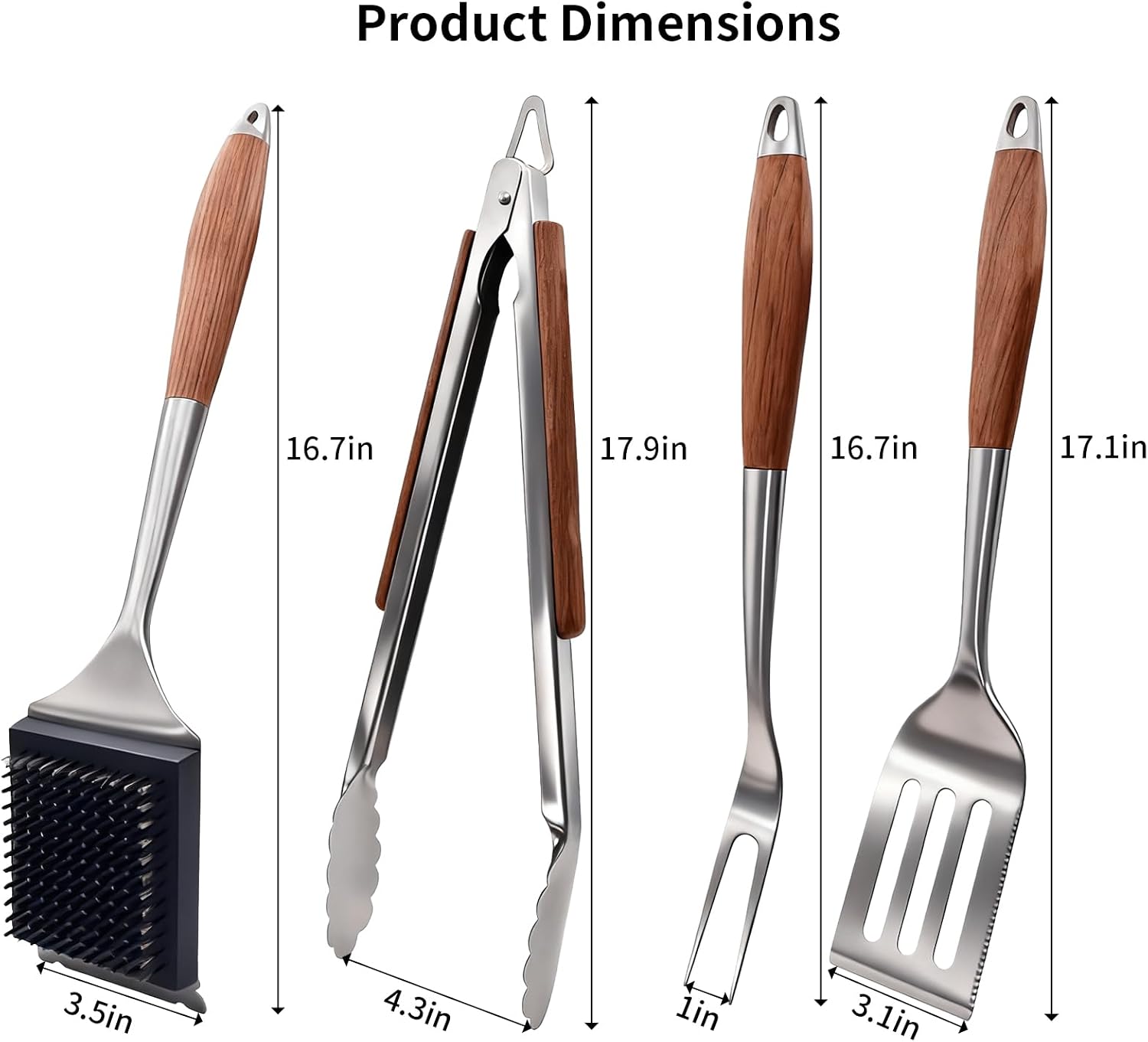 BBQ Grilling Accessories, Outdoor Grill Set with Spatula, Fork, Brush & Tongs, Stainless Steel Grilling Tools with Non-Slip Wooden Handle, for Blackstone Griddle Accessories