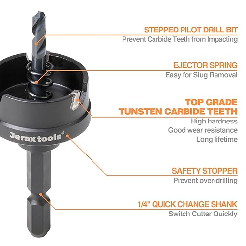 Miniatura 2 de Jerax tools Cortador de agujeros con punta de carburo de tungsteno, sierra de agujero TCT de 1-18 pulgadas con profundidad de agujero de 0.197 in