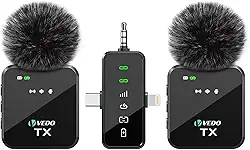 VEDO Microfone de lapela sem fio 3 em 1 para iPhone/Android/Câmera, Microfone Transmissão de 25m, Bateria com duração de 18 horas, Mini microfone para gravação de entrevistas e vlogs