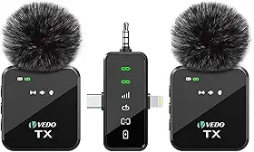 VEDO Microfone de lapela sem fio 3 em 1 para iPhone/Android/Câmera, Microfone Transmissão de 25m, Bateria com duração de 18 horas, Mini microfone para gravação de entrevistas e vlogs