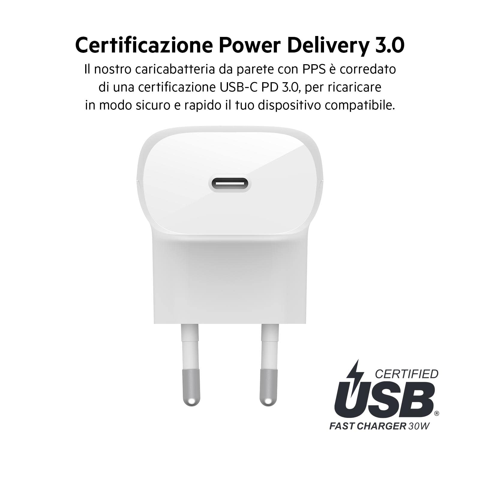 Belkin Caricabatteria da parete USB-C con PPS (30W) con cavo da USB-C a USB-C, certificato USB-IF, ricarica rapida PD 3.0, per iPhone 15, 14, Galaxy S23, S22, Plus, iPad, Tab S7, AirPods e MacBook Air