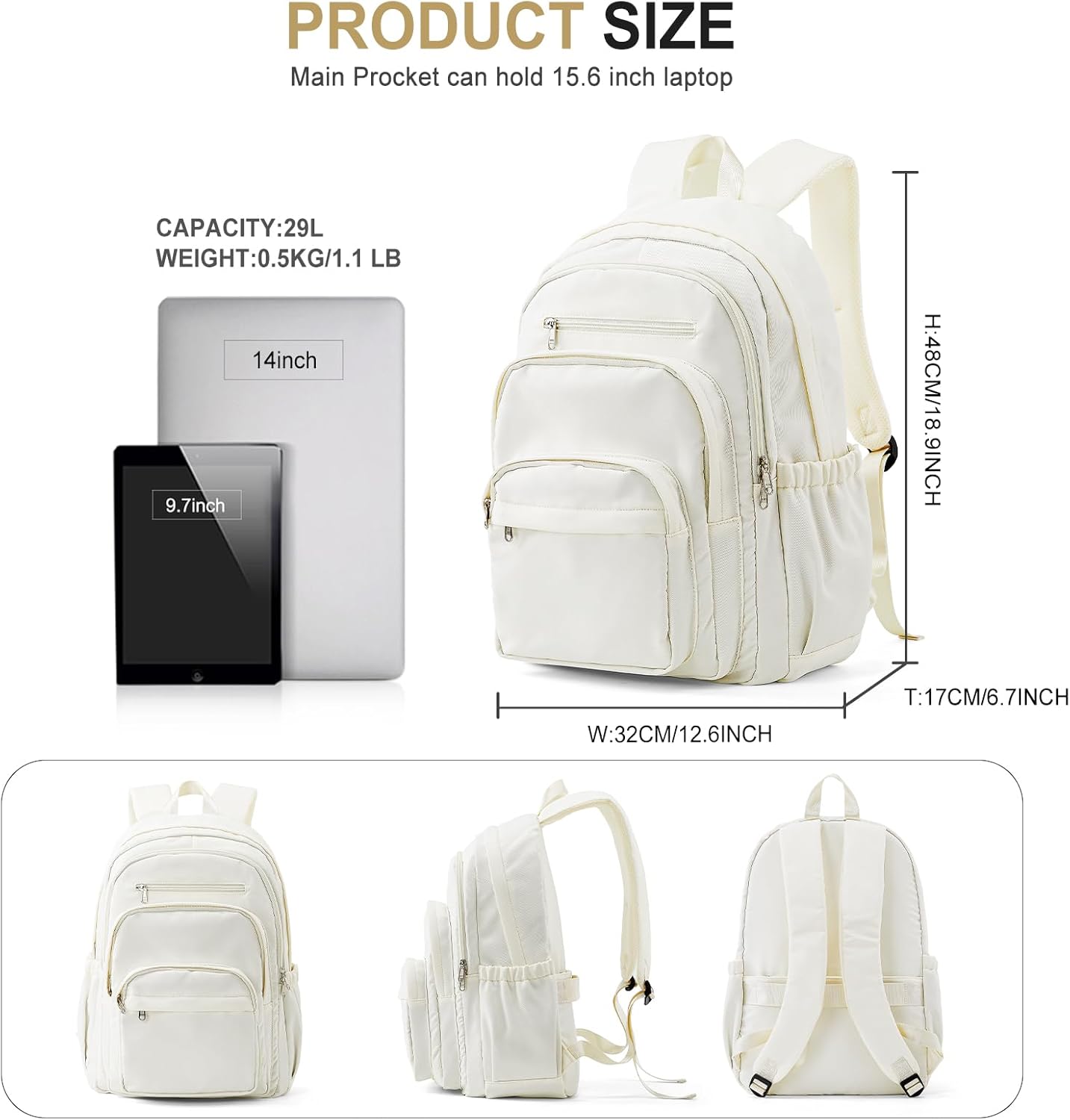 College Backpack For Women Men,Lightweight High School Bag,School Backpack With Lots Of Pockets,Cute Bookbag For Teens Boys Girls,Casual Daypack Backpack For School(Beige) - Image 2