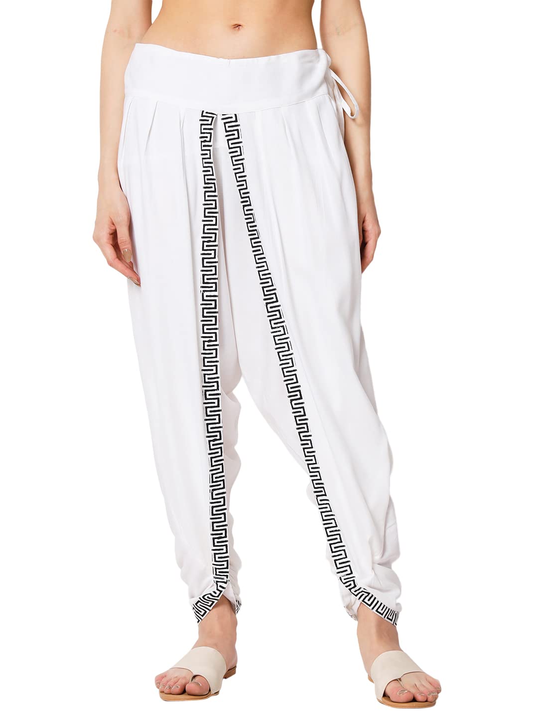 9rasa Women Cotton Viscose Hand Block Printed Embellished Dhoti Pyjama Bottom Ethnic Casual Wear - Off White - Freesize-picture-12
