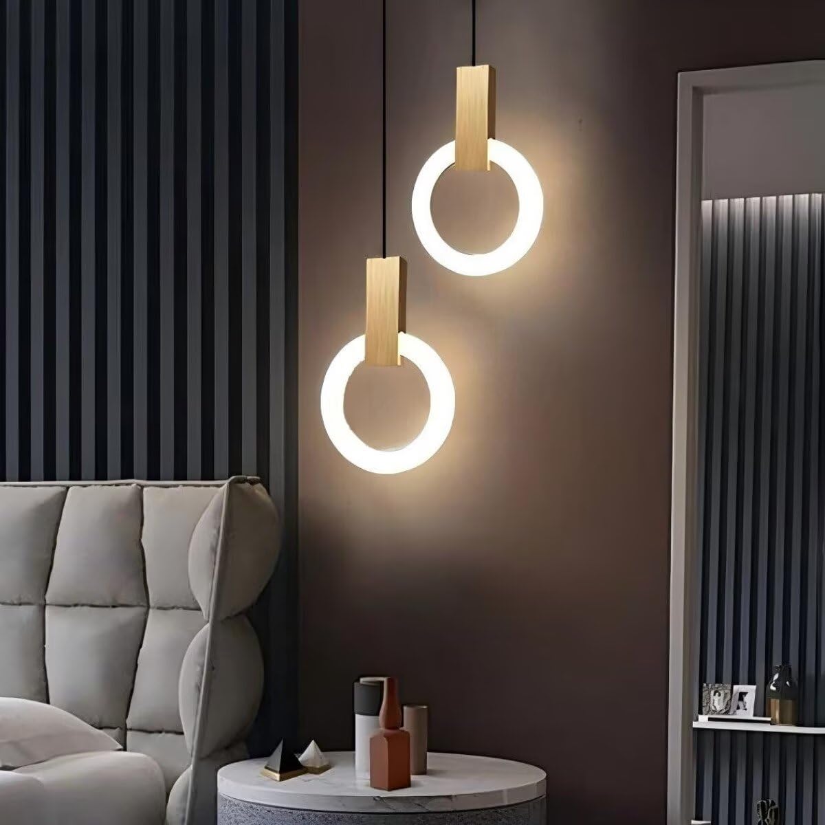 Bedside Pendant Light Bedroom, LED Ring Long Pendant Ceiling Lamp Gold Modern Minimalist Hanging Lights Round 4500K Metal Fixture for Dining Room Living Room Kitchen Island Foyer 2 Lights