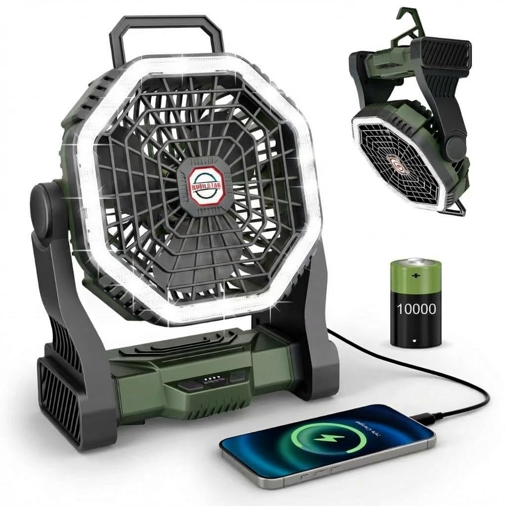 Camping Fan 10000mAh Battery Operated with Light - 4-Speed Rechargeable Tent Fan for Outdoor - Hanging Hook & Tilting Head Design - Multi-Use Desktop Cooling Fan for Camping, Hiking, Fishing (Green)