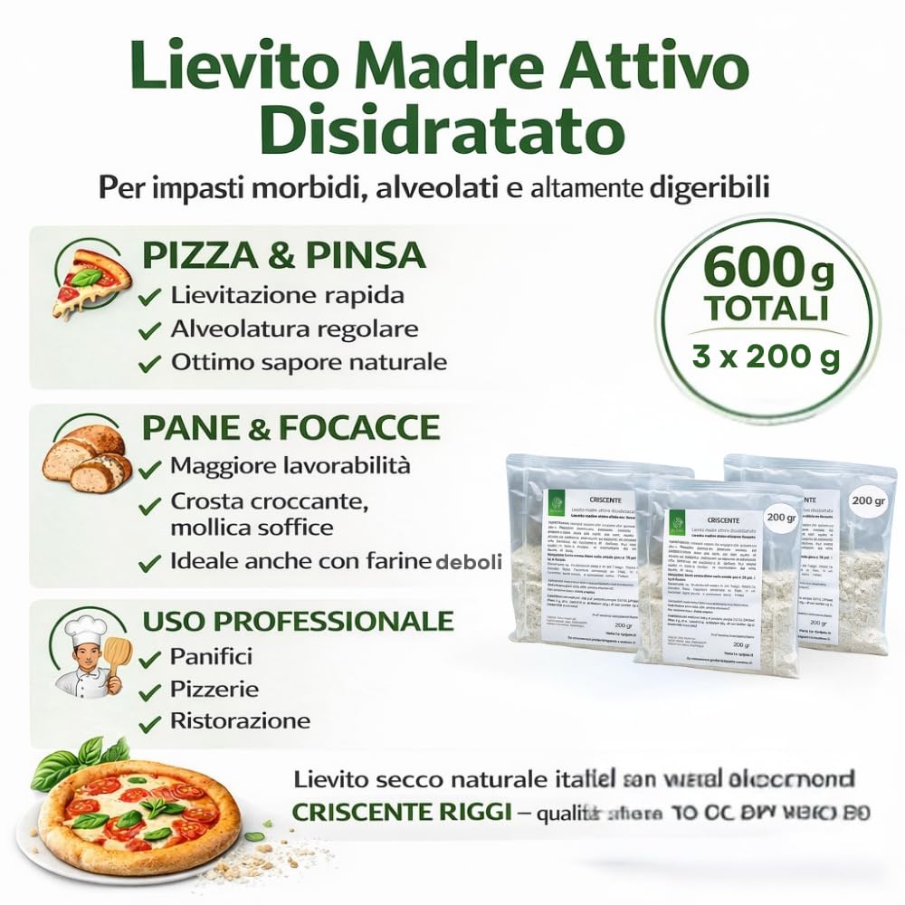 Molini Riggi® Lievito Madre Attivo Disidratato – Criscente – Multipack 3 × 200 g (600 g) – Pane, Pizza e Focacce – Uso Professionale