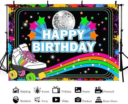 Miniatura 2 de Patines de ruedas de 10 x 7 pies, telón de fondo de cumpleaños, discoteca, baile, colorido arco iris, fotografía, graffiti, decoración de fiesta de