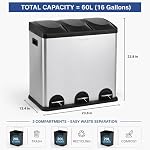 Step N’ Sort 60L 3-Compartment Kitchen Recycling Bin – Stainless Steel Trash & Recycling Can with Hands-Free Step Pedals (3 × 20L)