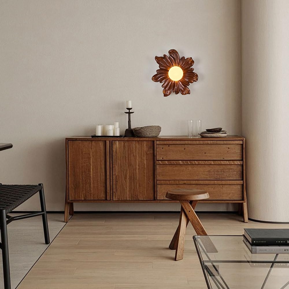 Lámpara de girasol1 luz decoración artística aplique de pared floral de resina con pantalla esférica de acrílico blanco, casquillo G4 | Lámpara de pared rústica for sala de estar, pasillo(Walnut)
