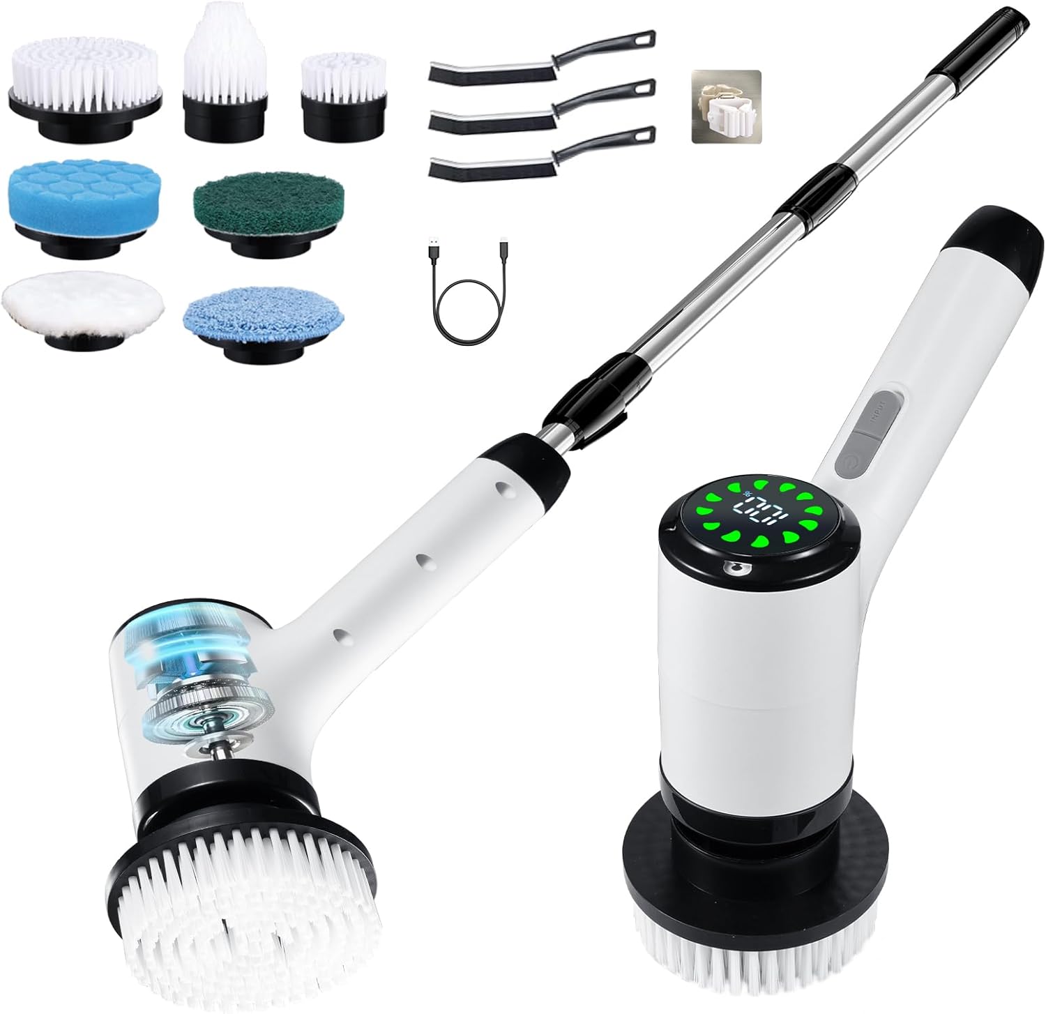 Limpiador eléctrico giratorio, cepillo de limpieza inalámbrico, cepillo de limpieza de ducha con 7 cabezales de cepillo reemplazables, limpiador