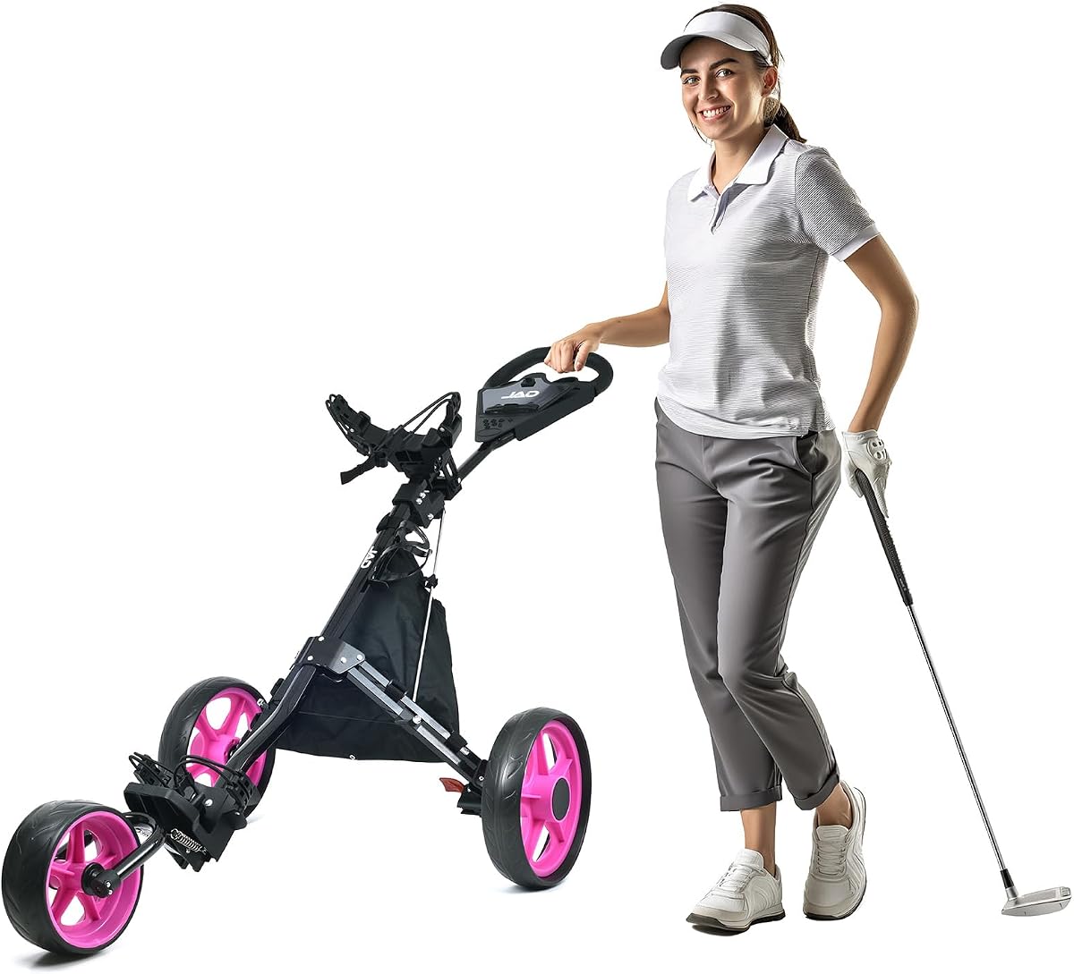 Golf Push Cart 3 Wheel - JAD ProGolf Ladies Pushcart for Women Golfers, Super Lightweight Deluxe Easy to Fold Collapsible Golfing Pull Cart