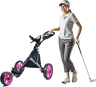 Golf Push Cart 3 Wheel - JAD ProGolf Ladies Pushcart for Women Golfers, Super Lightweight Deluxe Easy to Fold Collapsible Golfing Pull Cart