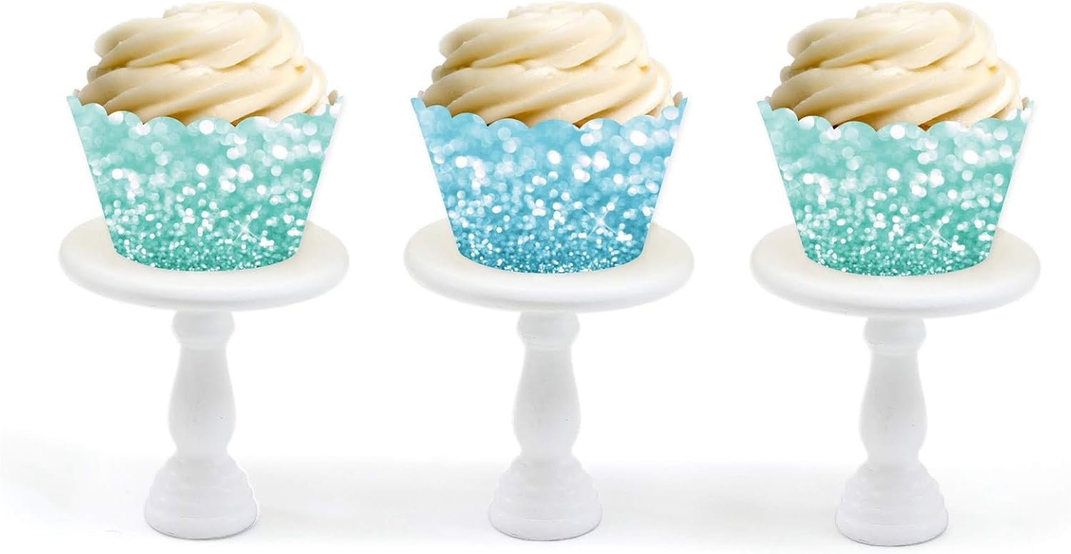 Andaz Press 24-Pack Faux Baby Blue and Aqua Glitter Cupcake Wrappers, Disposable, Cardstock, Ocean, Party, Social Gatherings and Celebrations