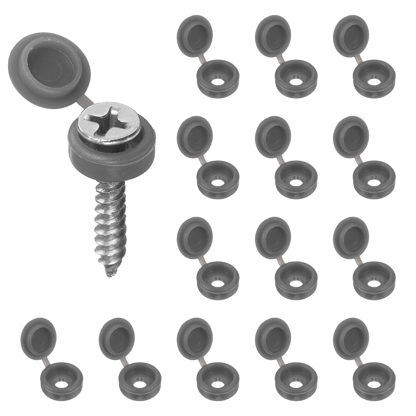 sourcing map 200pcs Plastic Hinged Screw Cover Caps 3.1mm / 0.12" Shutter Screw Caps Fold Snap Washer Covers for Windows Outside Railings Furniture, Gray