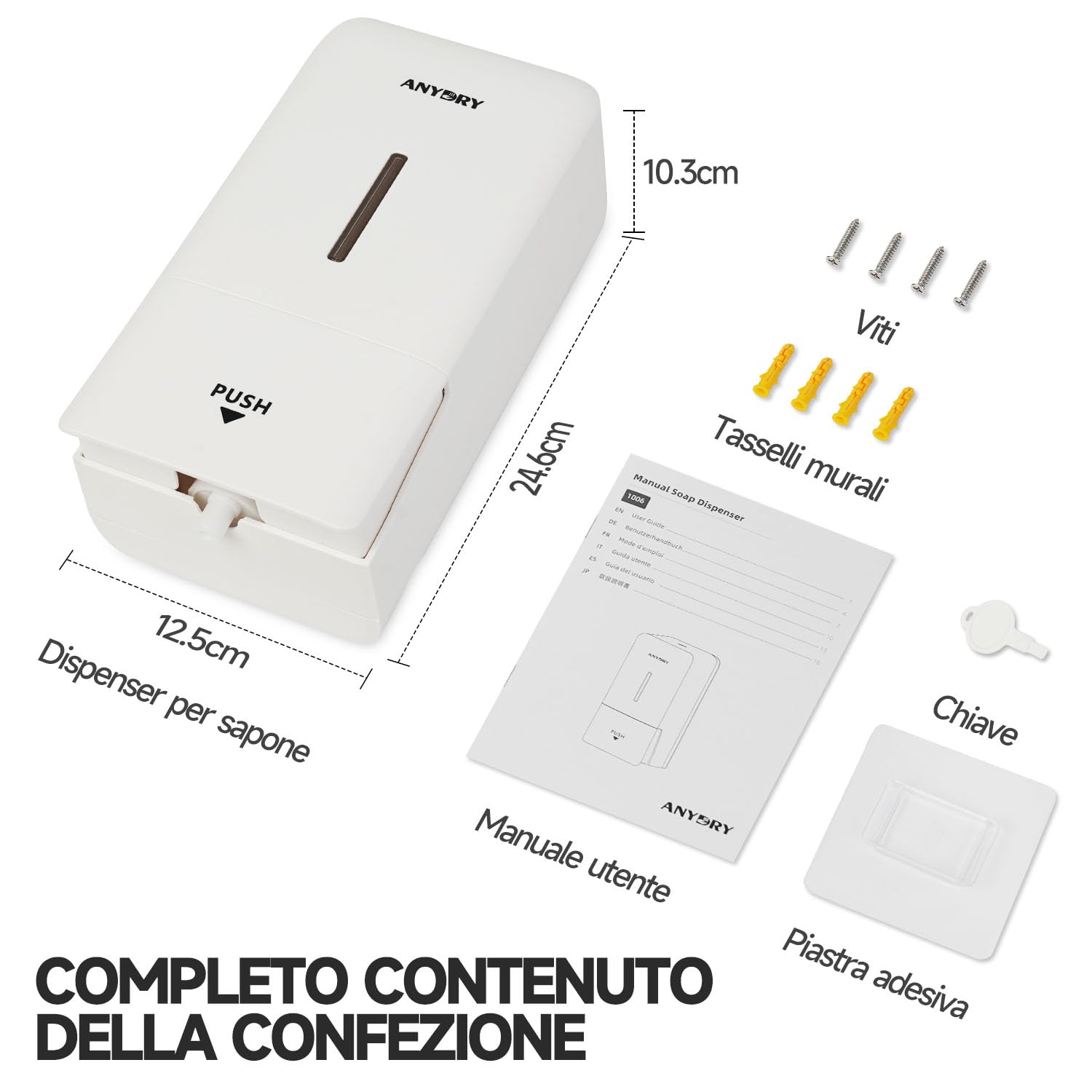 anydry Erogatore di sapone da parete manuale a pressione, capacità 800 ml con finestra visiva, sostituzione semplice del sapone, ideale per case e aziende 1006 Bianco