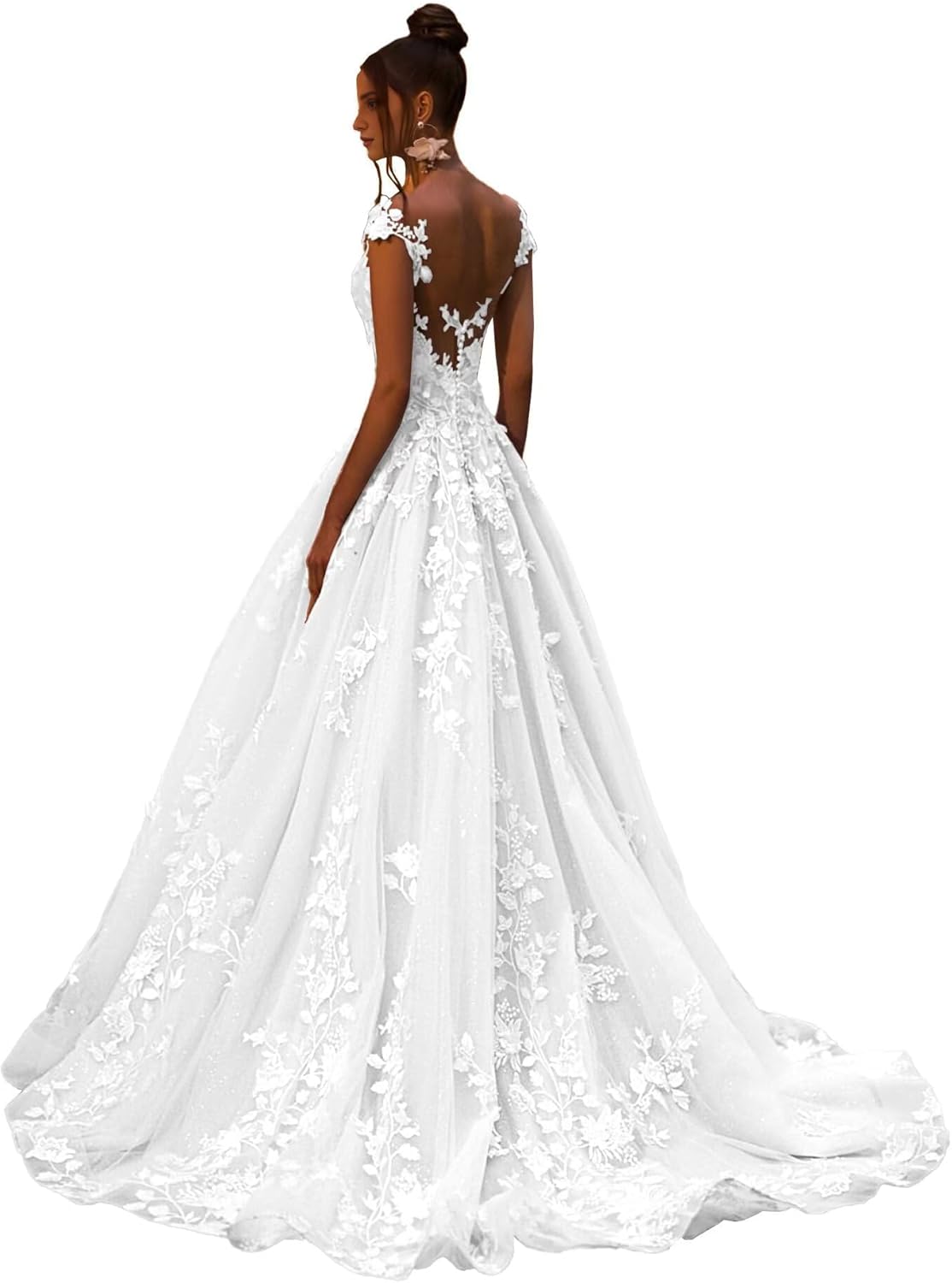 Women's Elegant Plus Size 2026 Backless Wedding Dress A-line with Shiny lace appliqués, Long Floor-Length Bridal Gown