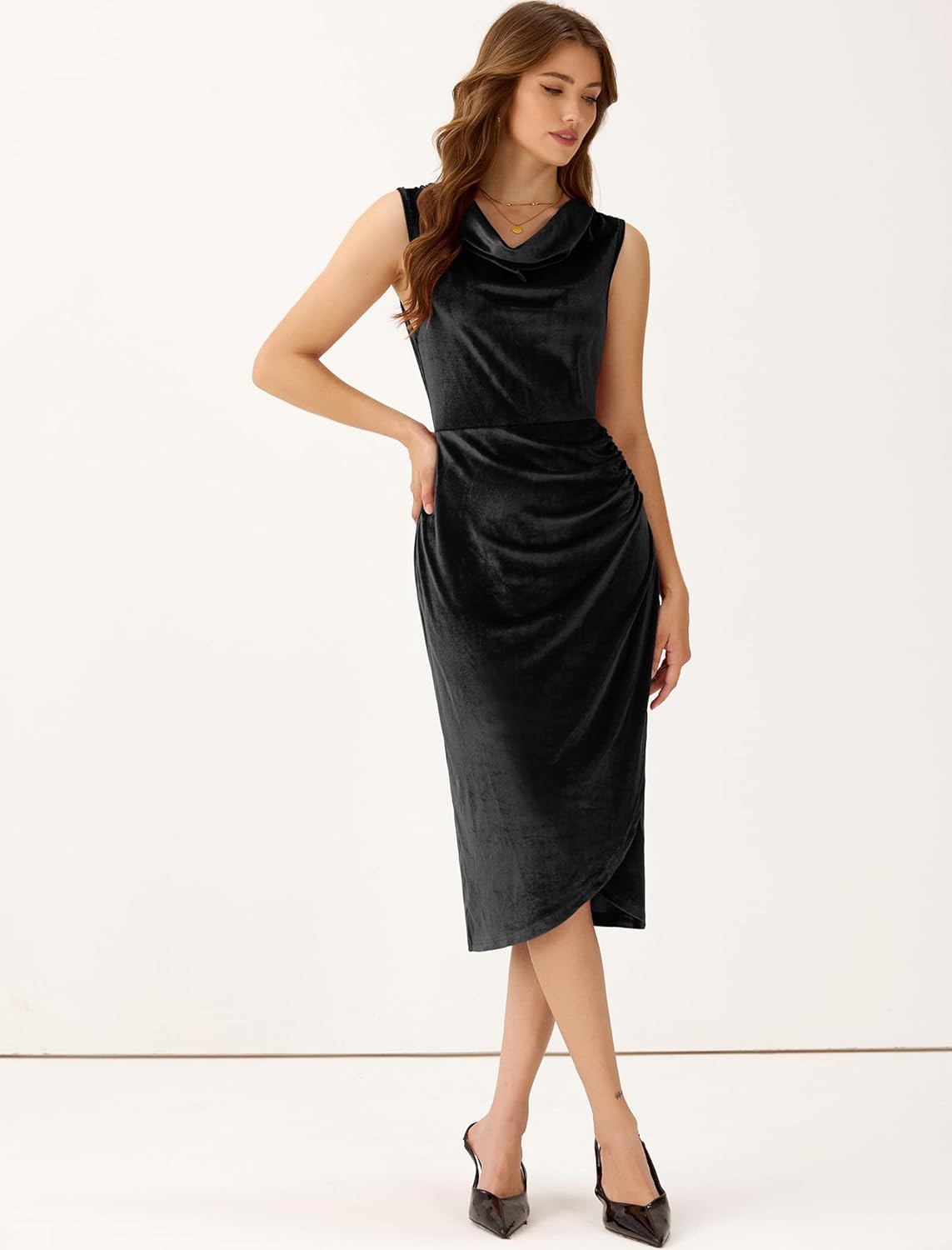 Velvet Dress for Women Wedding Guest Dress Sleeveless Cowl Neck Cocktail Party Dress - Image 6