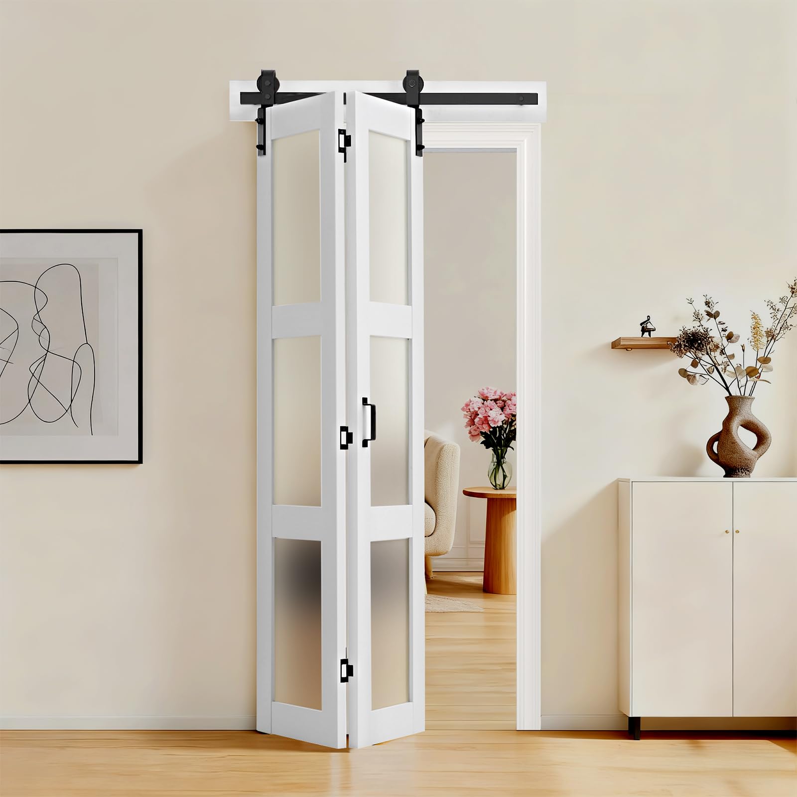 VEVOR Porte Coulissante Intérieure 91,4x213,4 cm, Porte de Grange Pliante en MDF avec Verre Trempé, pour Séparation de Pièce Chambre Salon Placard, Quincaillerie Incluse, Panneaux Pré-assemblés, Blanc