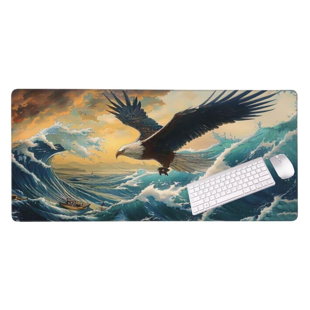 Alfombrilla de ratón 1400x600x3 MM, Alfombrilla Ratón XXL Extendida de Gran Tamaño con Bordes Cosidos, Base de Goma Antideslizante Almohadilla para Teclado, Águila de Las Olas S-4589