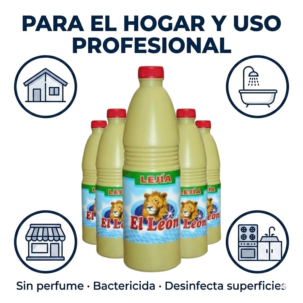Lejía Líquida para Limpieza y Desinfección de Superficies, Pack de 15 Botellas de 1 Litro