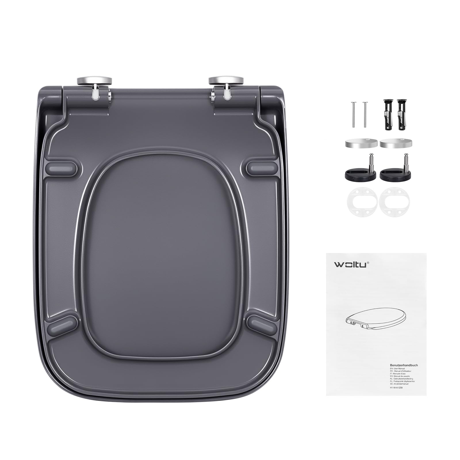 WOLTU Tapa de inodoro con descenso automático, asiento de inodoro rectangular, de termoplástico, liberación rápida para facilitar la limpieza, con bisagras ajustables, soporta hasta 175 kg, color azul
