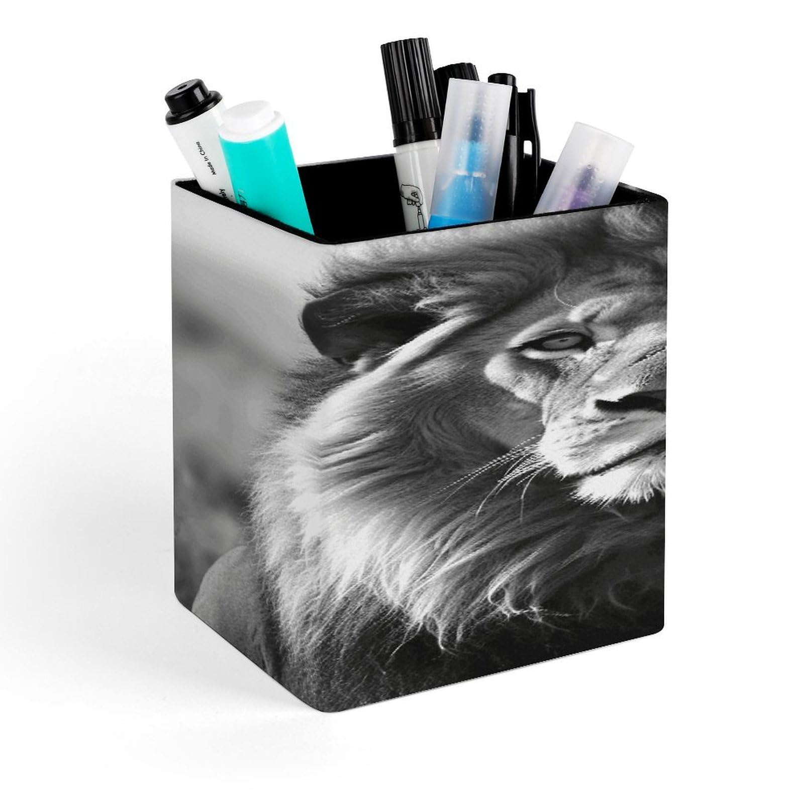 LZQPOEAS African Lion Black And White Square Pen Pencil Holder PU Leather Pencil Cup Desktop Stationery Organizer Office Accessories Container