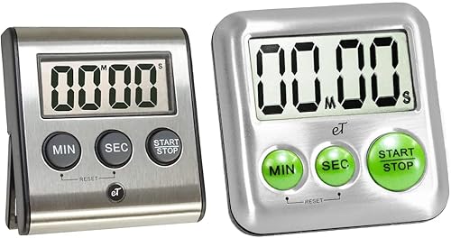 eTradewinds Elegantes temporizadores digitales de cocina, paquete de 2 unidades con modelos de acero inoxidable eT-23 y modelo eT-25, memoria