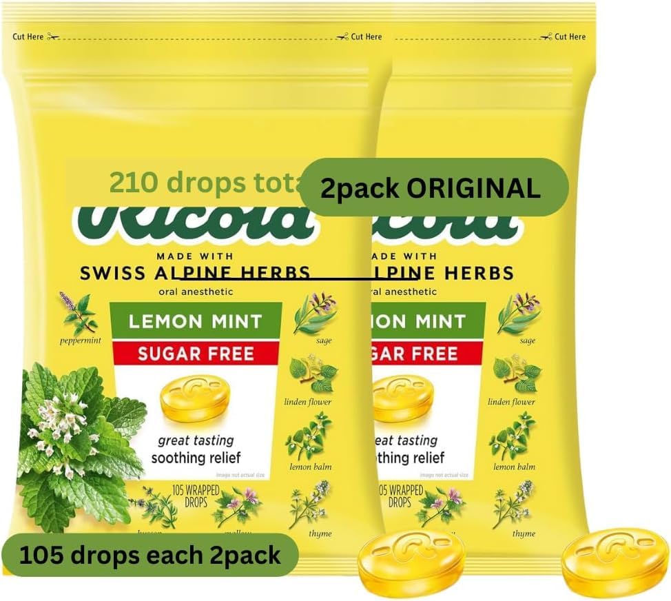 Gotas de garganta a base de hierbas y menta limón, sin azúcar, 210 unidades en total (2 paquetes de 105)
