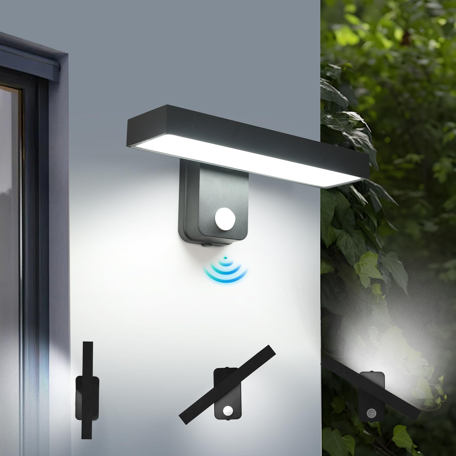 Comely 17W Lampa Zewnętrzna Z Czujnikiem Ruchu, Zewnętrzny Kinkiet Z Obracanym Panelem LED O 350°, IP65 Oświetlenie Ścienne Na Wejście Taras, Zimna Biel 6500K, Czarny
