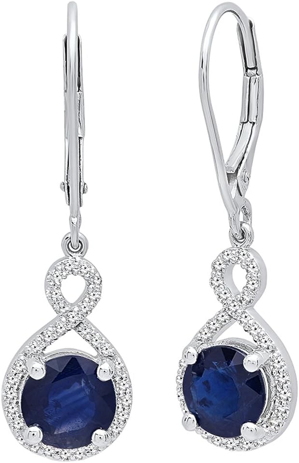 Dazzlingrock Collection 10K Real Solid Gold 7mm Each Round Blue Sapphire & White Natural Diamond Women Infinity Drop Earrings
