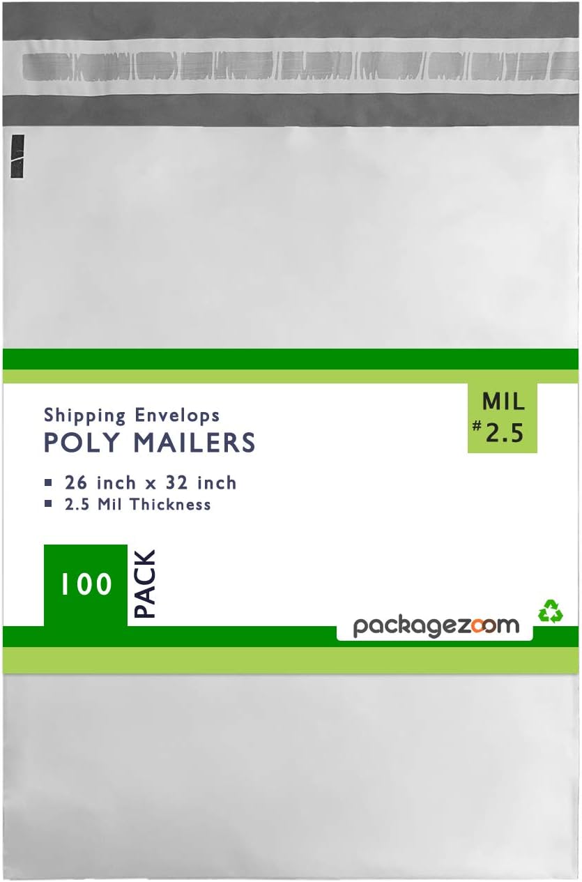 PackageZoom 100 Pack 10 x 13 Poly Mailer Shipping Envelopes Double Layer 2.5 Mil Self Sealing Envelopes Waterproof Tear Proof Envelopes White
