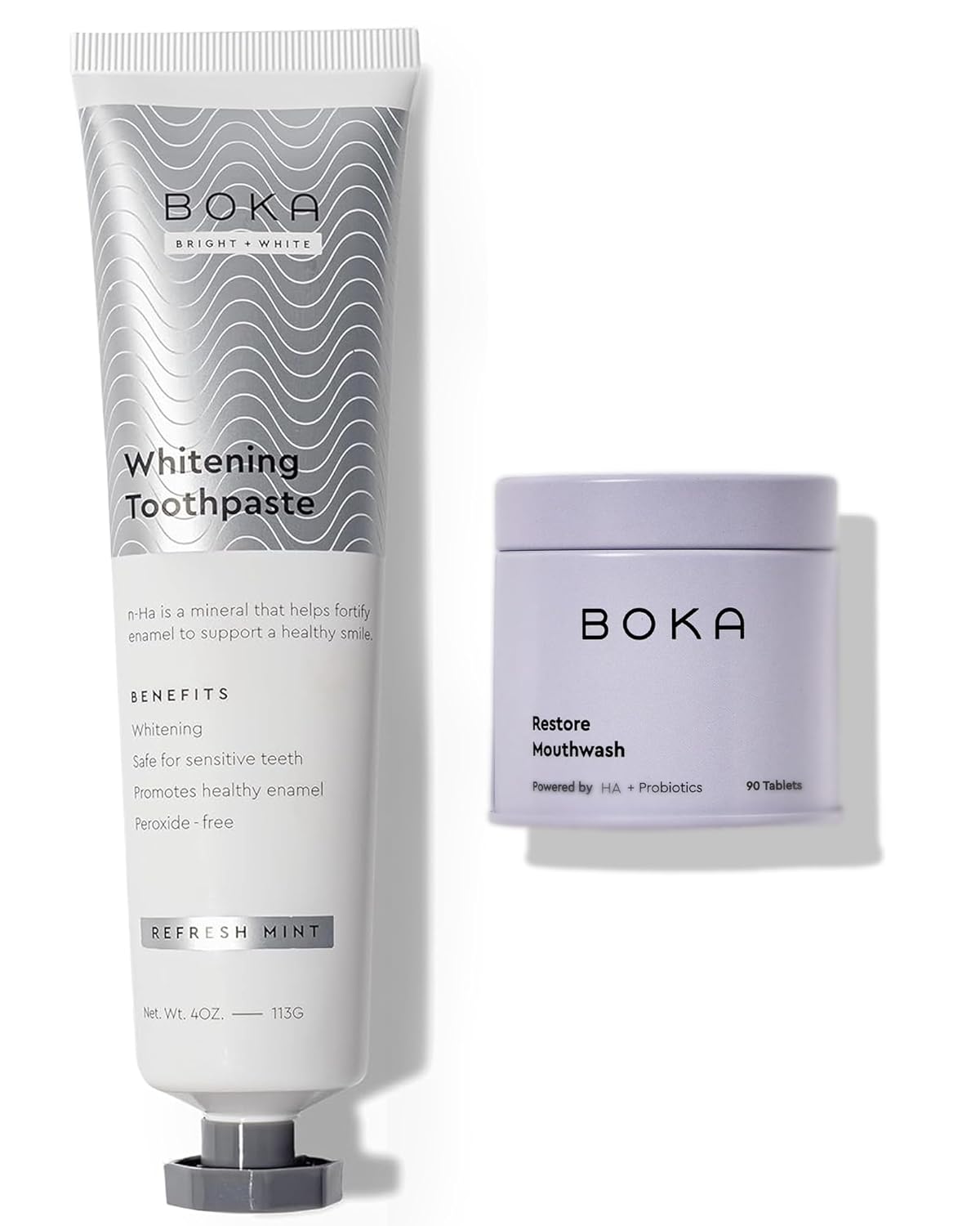 Boka Fluoride Free Toothpaste Whitening* Refresh Mint 4oz and Travel Size Mouthwash Tablets Mint 90ct