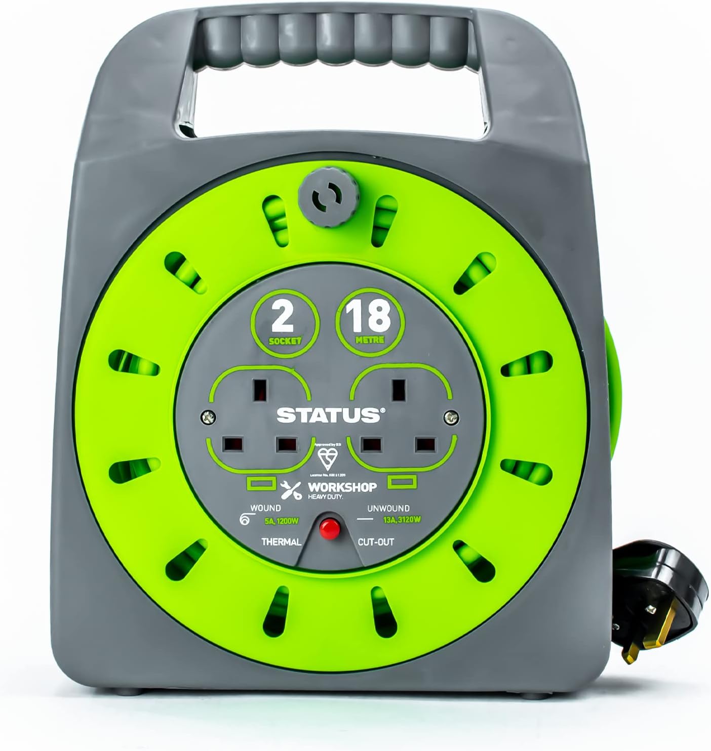 STATUS 2 Socket Cable Reel 18m Green Extension Lead 13A with