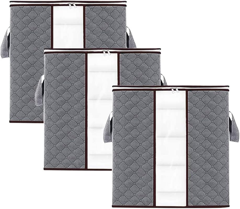 JHMIH 3 Pcs Storage Bags, Large Capacity Foldable Clothes Storage Bag Organizer with Zips Reinforced Handles&Clear Window, Underbed Storage Thick Fabric Moistureproof for Clothes, Bedding Gray