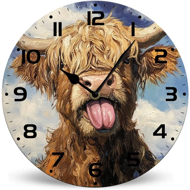 Horienteeon Horloge murale en bois de vache des Highlands 25 cm, silencieuse, sans tic-tac, fonctionne à piles, horloge murale rustique pour salon, cuisine,...