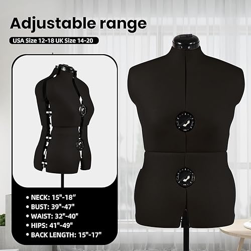 Miniatura 2 de PDM WORLDWIDE Maniquí Ajustable para Vestidos Negro, Forma de Cuerpo Femenino de Talla 12-18, para Costura, Forma de Cuerpo con 13 Diales y Ruedas