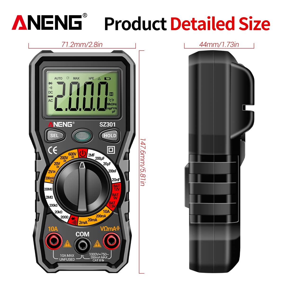 Diagram showing detailed dimensions of the ANENG SZ301 Multimeter