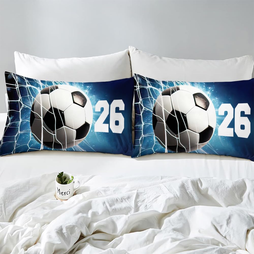 Soccer Comforter, Custom Name Ball in Net Blue Soccer Bed Set 3 Pcs Soccer Bedroom Decor Soccer Comforter Full Soccer Comforter Queen Sport Microfiber Bedding Set for Boy Girl Kids, Teen