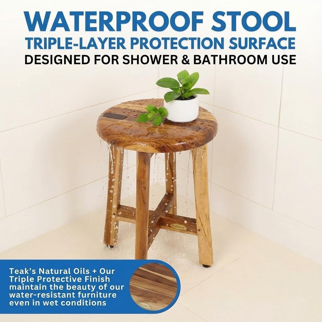 EcoDecors Shoji 12 Inch Round Waterproof Teak Wood Shower Bench Stool Seat Chair For Inside Shower Provides Safety, Storage, and Organization For Bathroom Accessories
