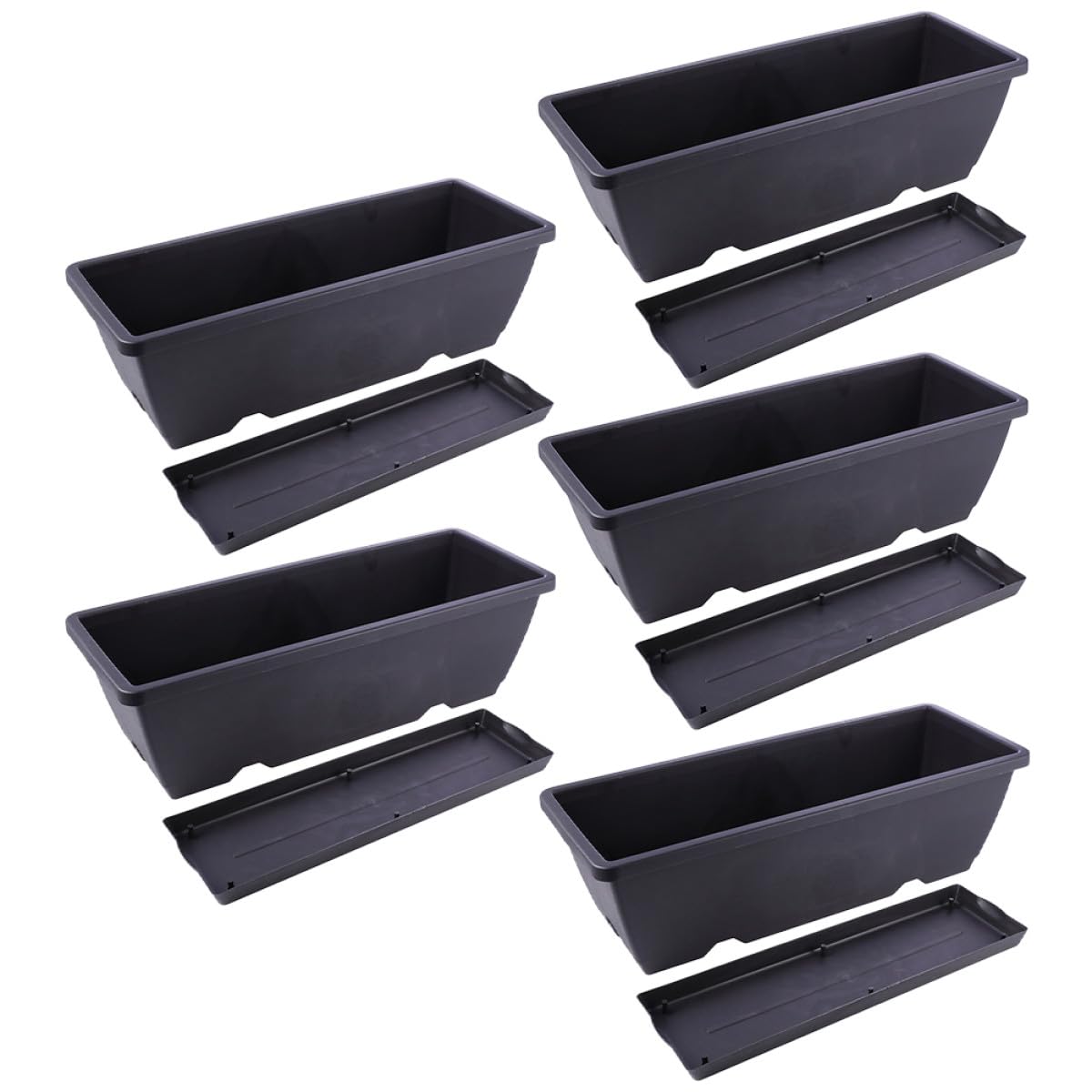 Jardinière d'extérieur rectangulaire en plastique noir avec plateau (lot de 5)