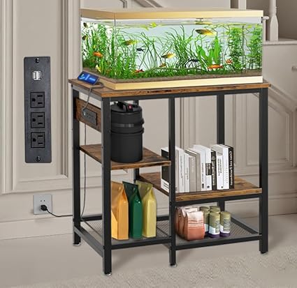 20-29-37 Gallon Fish Tank Stand with 3 Power Outlet 2 USB Port, Metal Aquarium Stand with 4-Tier Adjustable Storage Shelves, 30''L* 13''W*30''H Reptile Tank Stand, Fish Tank Table, 500lbs Capacity
